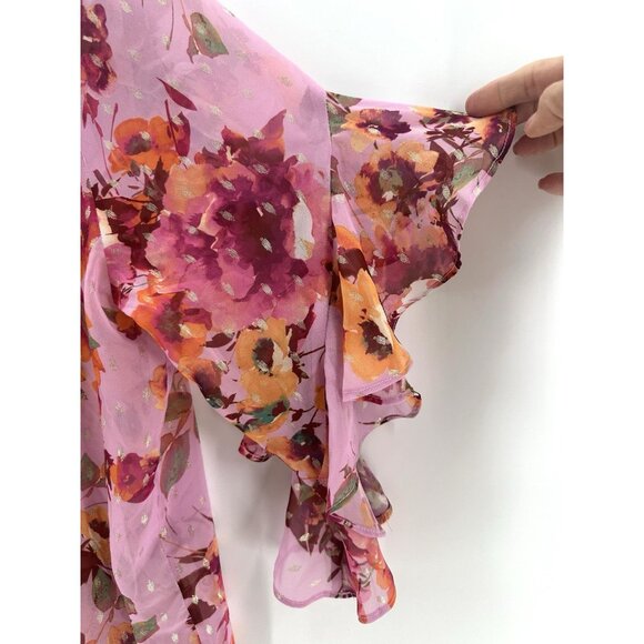 Vince Camuto Pink Purple Floral-Print Flutter-Sleeve Blouse Size L Boho AC35 - Picture 7 of 10